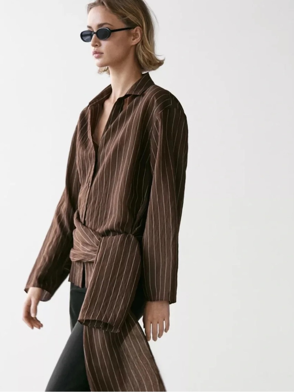 Massimo Dutti NWT Brown Pinstripe Wrap-Accent Shirt Blouse Small 5131/531 - Picture 7 of 10